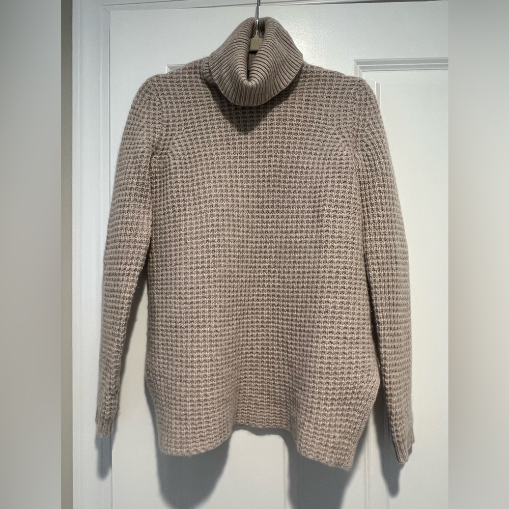 Saks Fifth Ave 100% Cashmere Turtleneck Sweater Waffle Small Beige Long Line